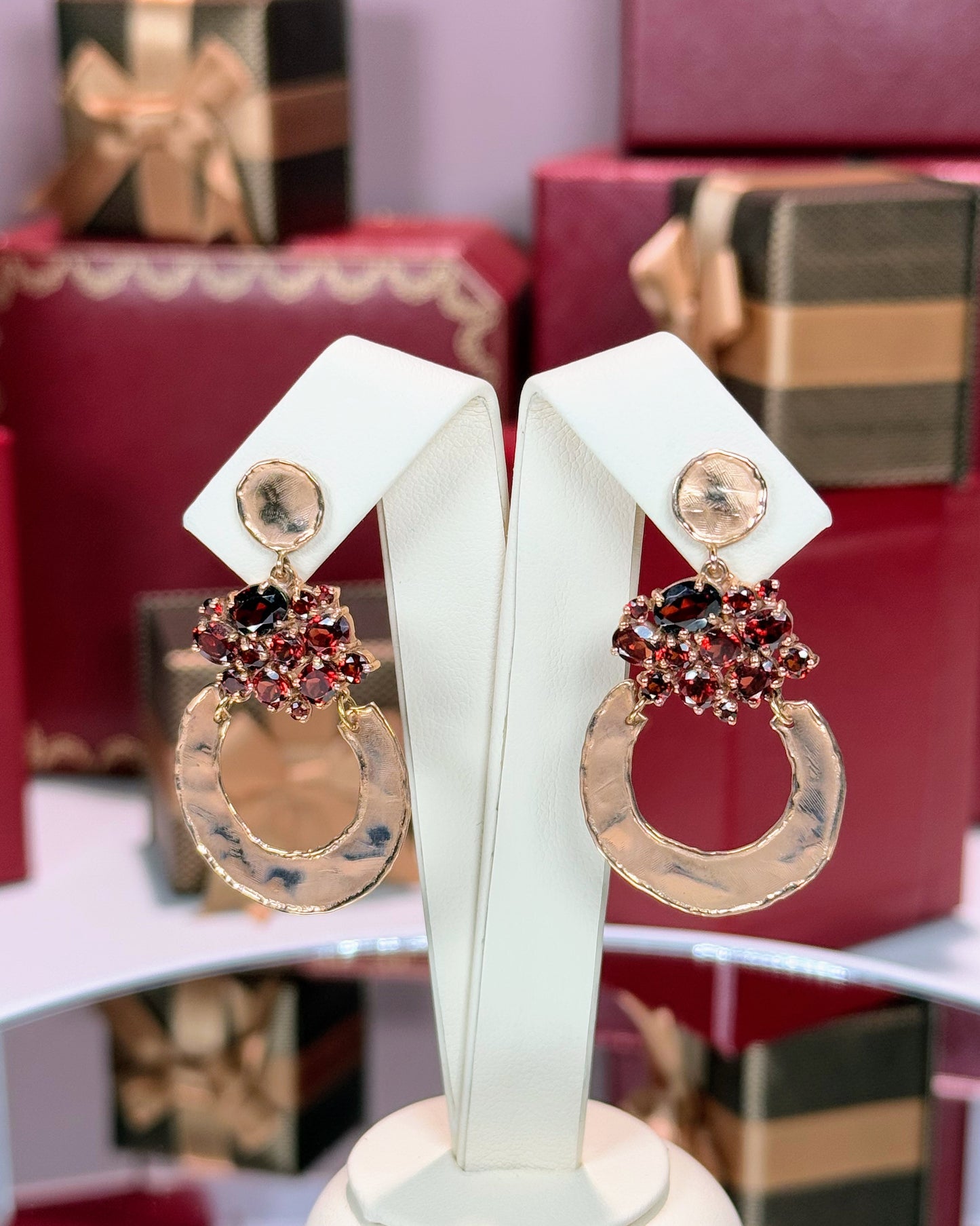 14k Hammered Finish Rose Gold Garnet Earrings