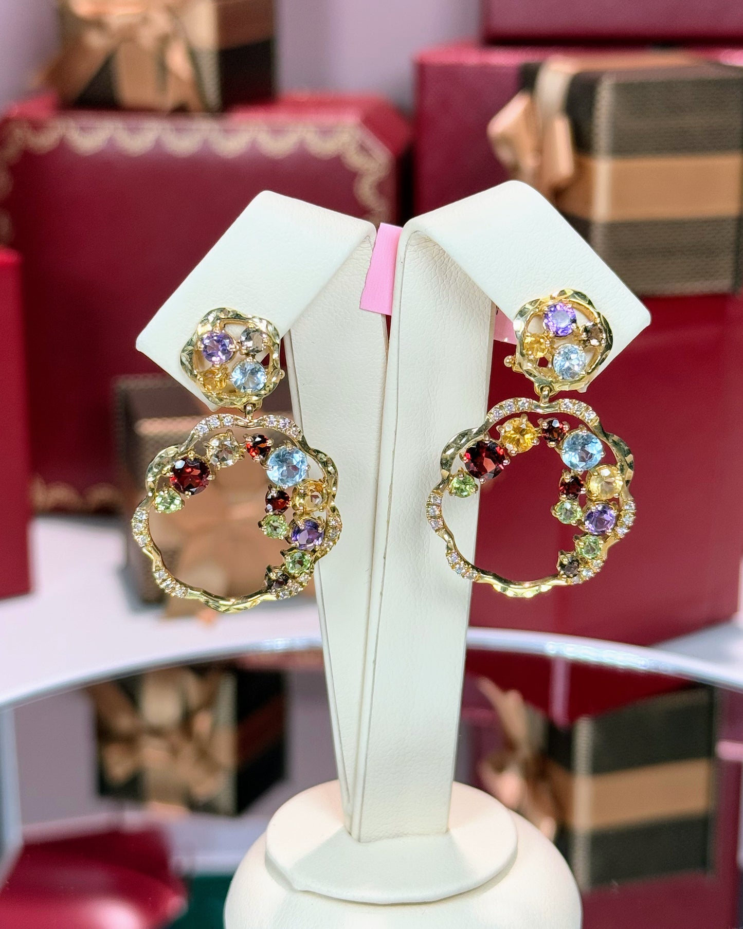 14k Yellow Gold Assorted Colorstones Circle Flower Earrings