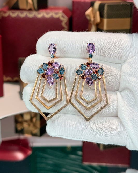14k Rose Gold Assorted Colorstones Polygon Earrings