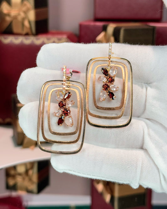 14k Rose Gold Garnet and Moonstone Rectangle Earrings