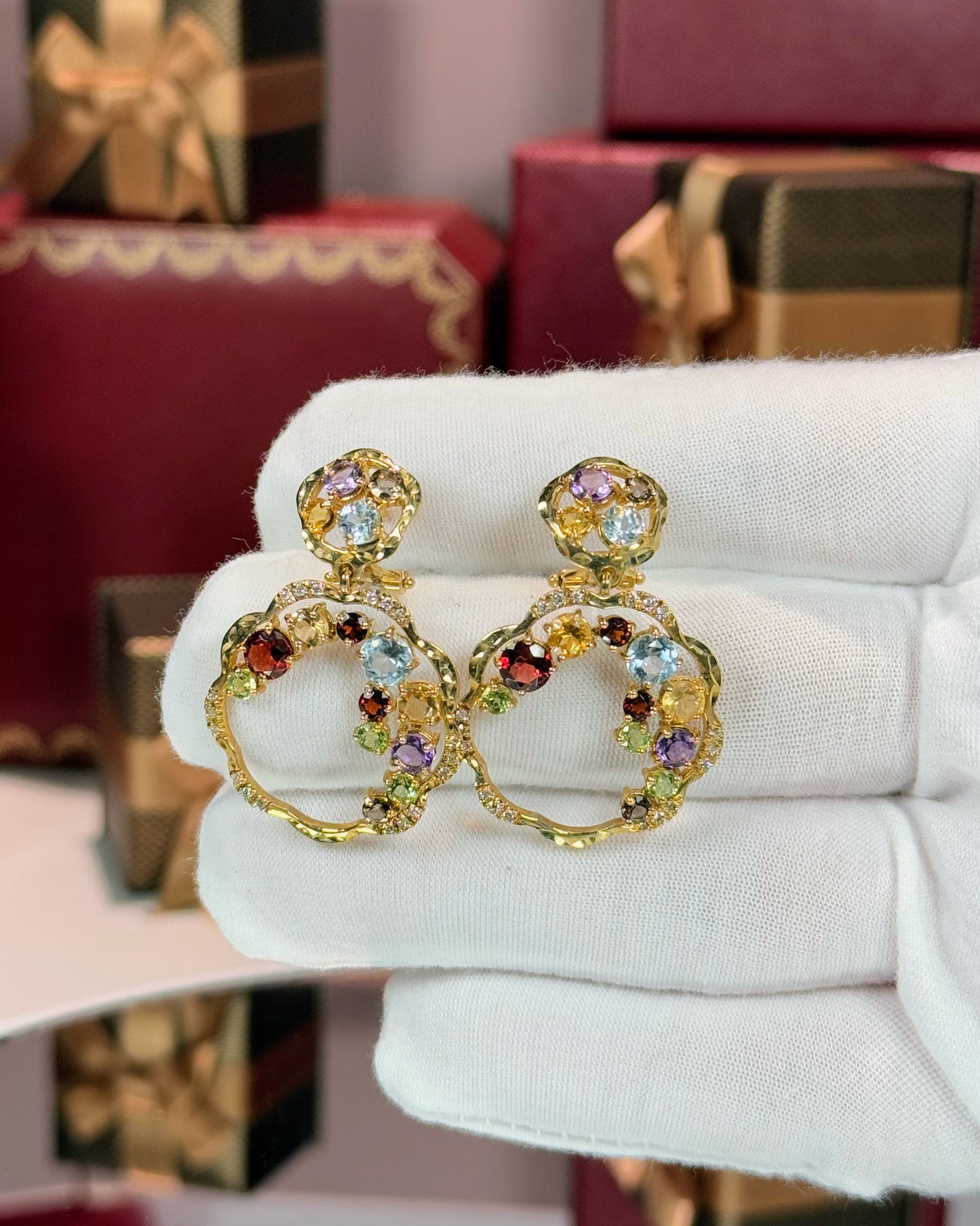 14k Yellow Gold Assorted Colorstones Circle Flower Earrings