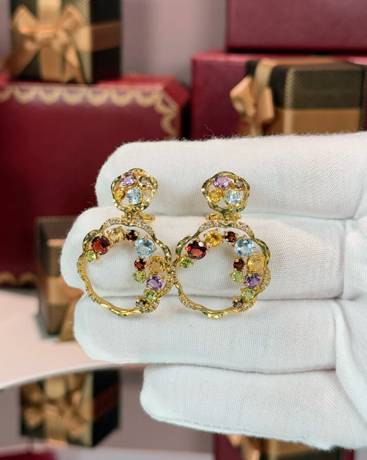 14k Yellow Gold Assorted Colorstones Circle Flower Earrings