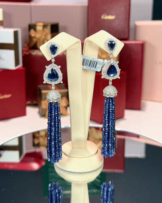 14k White Gold Sapphire Tassel Earrings