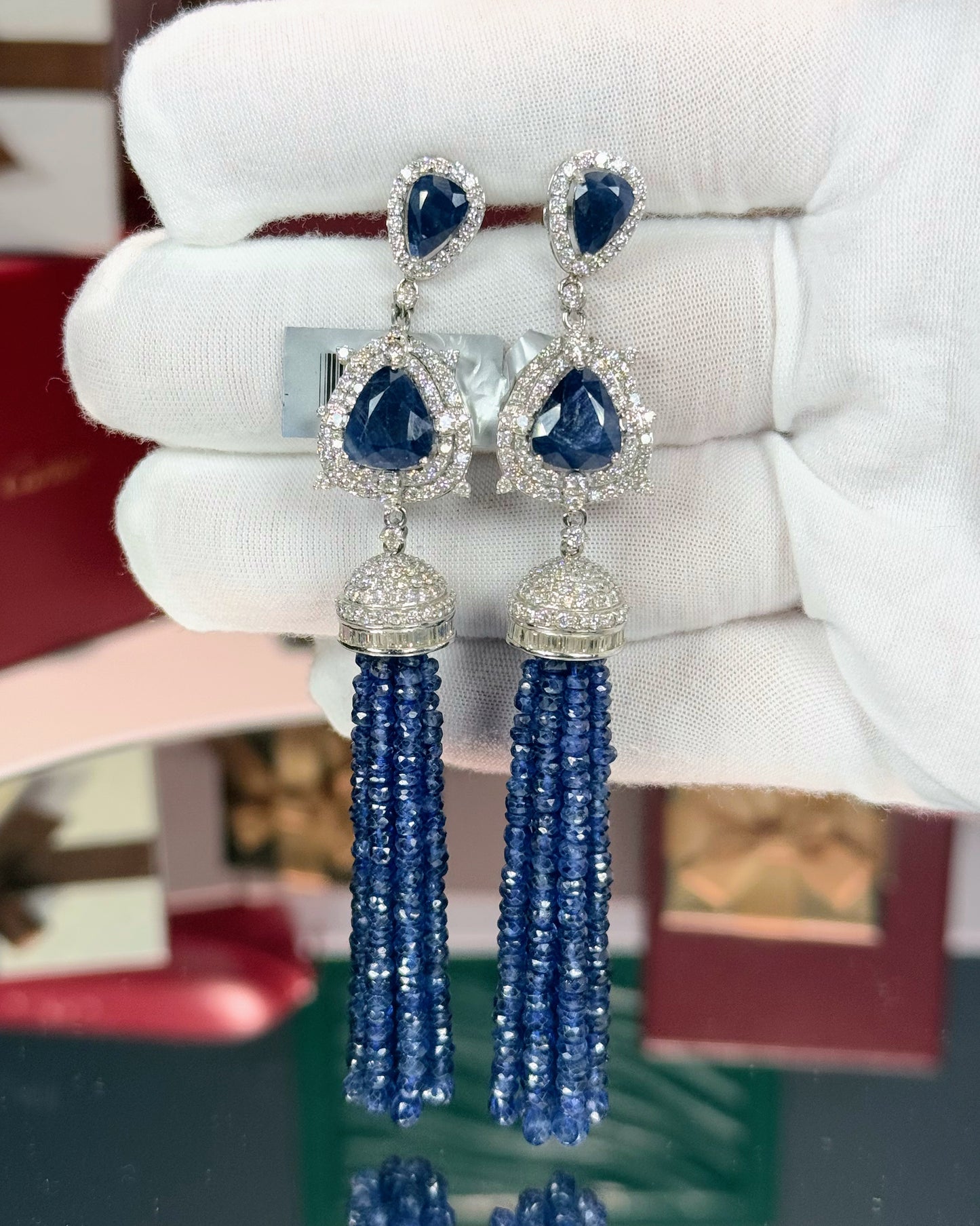 14k White Gold Sapphire Tassel Earrings