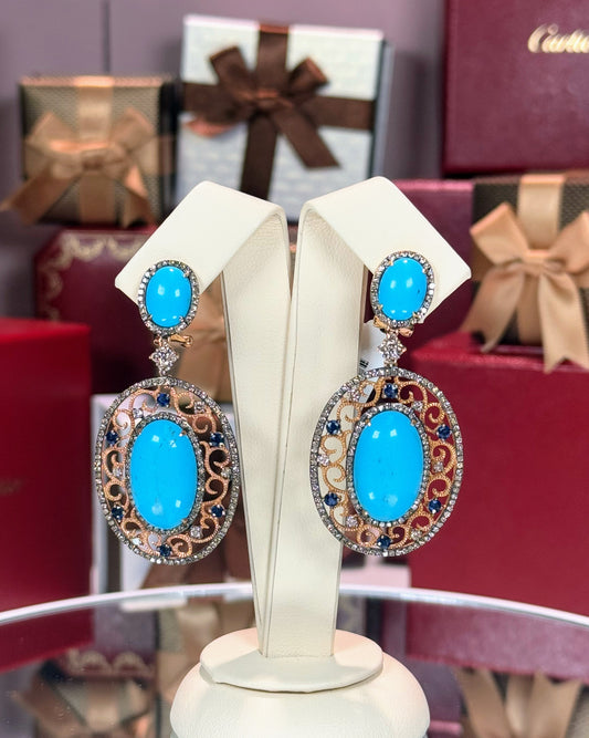 Turquoise and Sapphire 14k Rose Gold Filigree Earrings