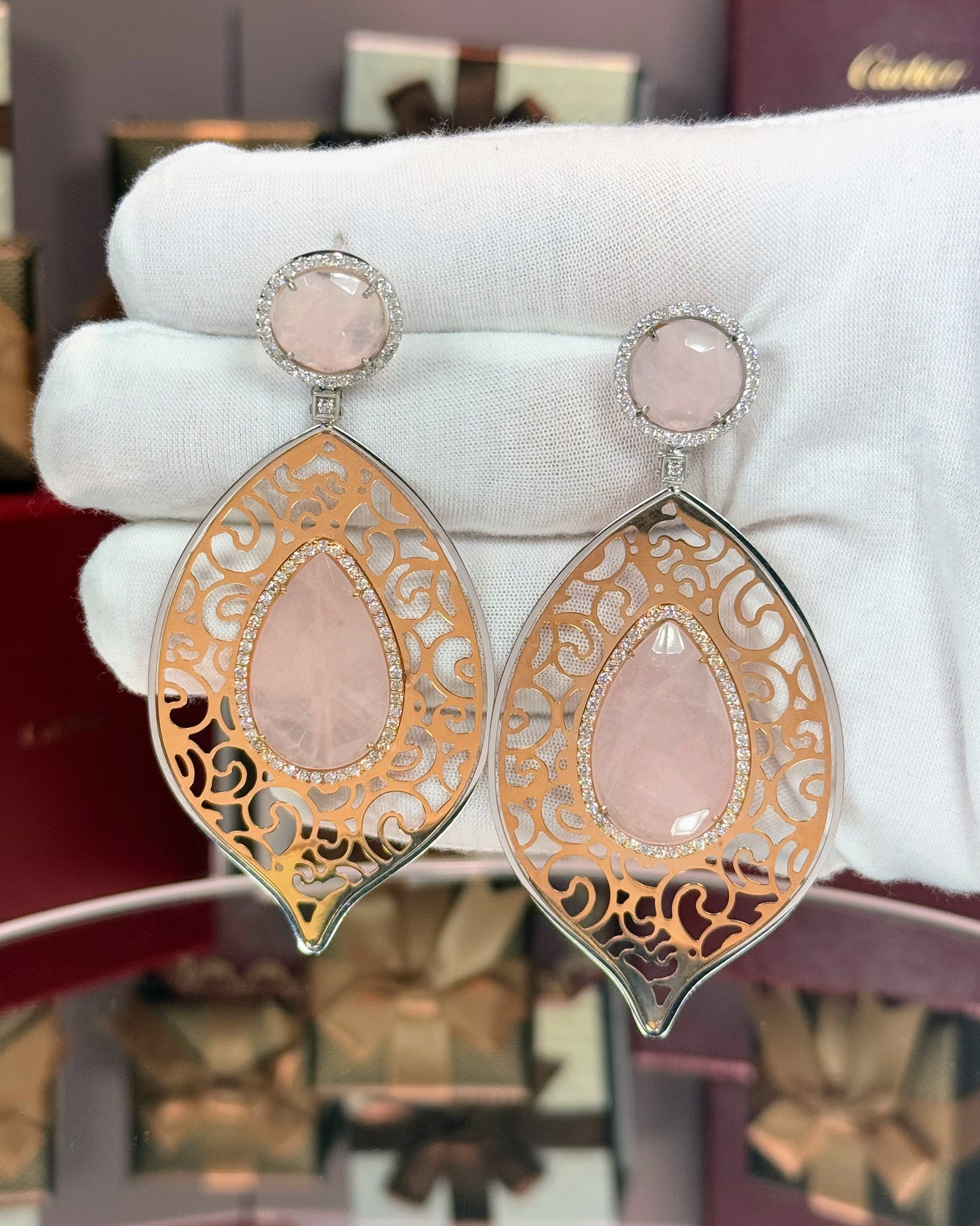 Rose Quartz 14k Yellow Gold Filigree Earrings