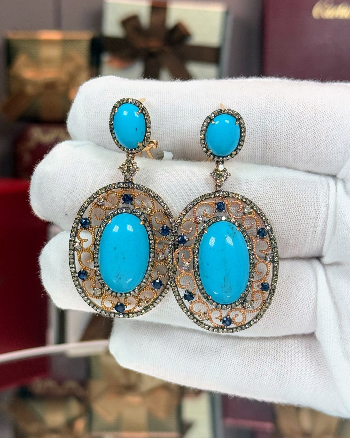 Turquoise and Sapphire 14k Rose Gold Filigree Earrings