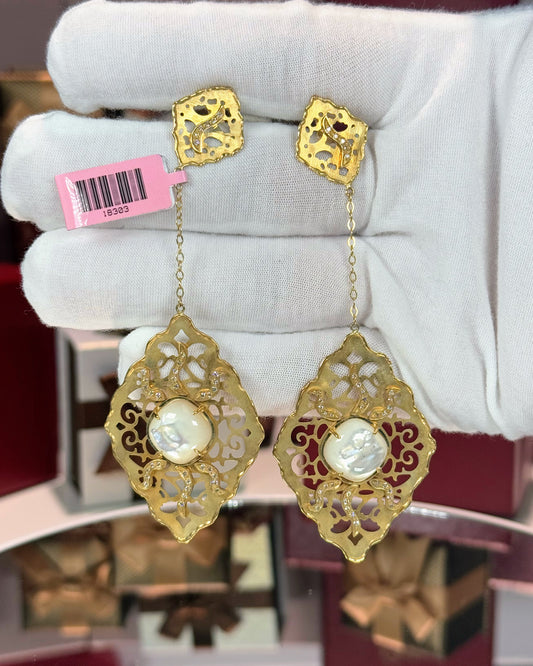 14k Yellow Gold Filigree MoP Drop Earrings