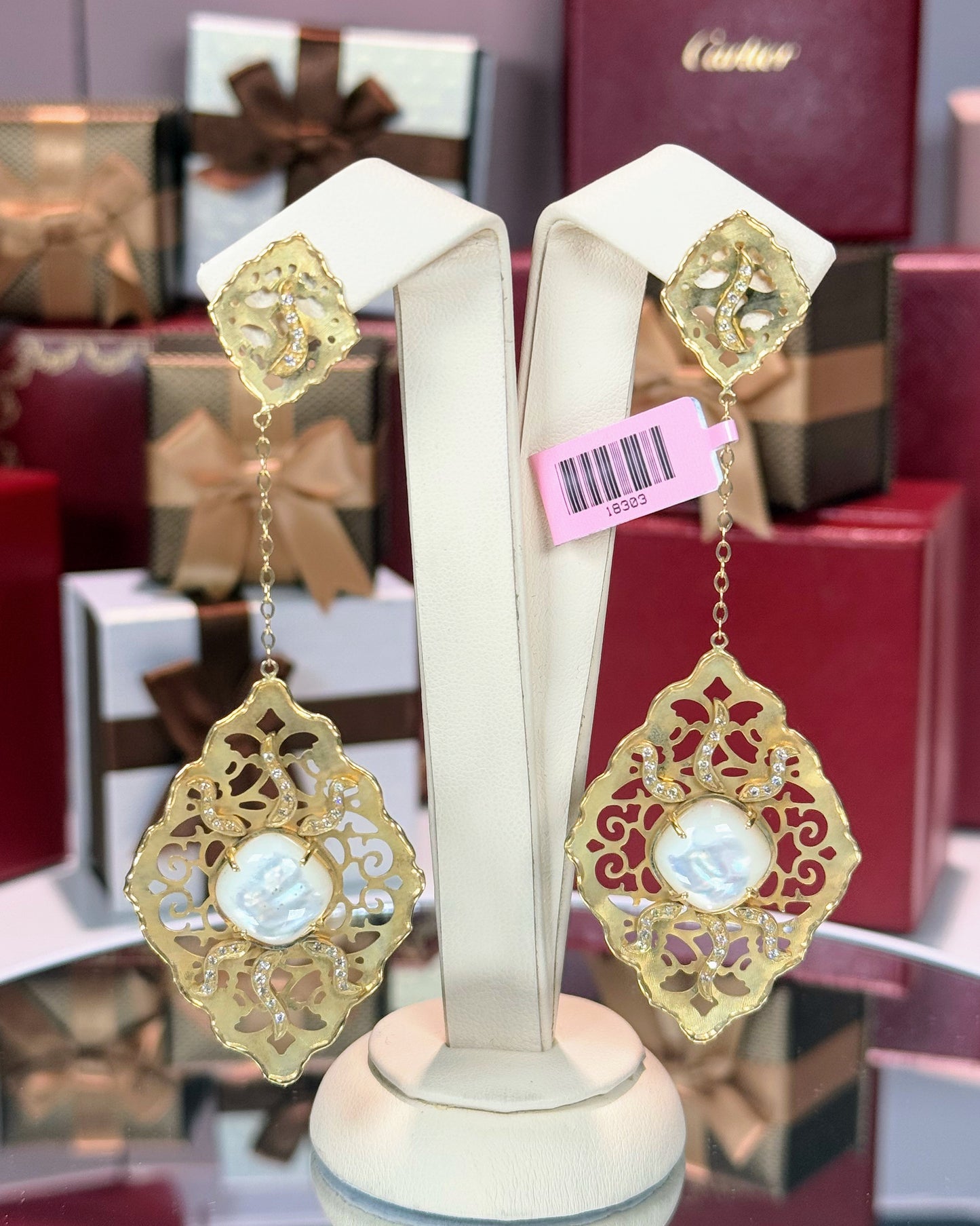 14k Yellow Gold Filigree MoP Drop Earrings