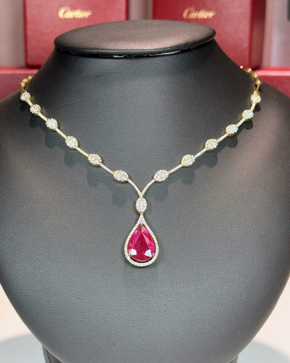 14k Yellow Gold Pear Shape Ruby Drop Diamond Necklace