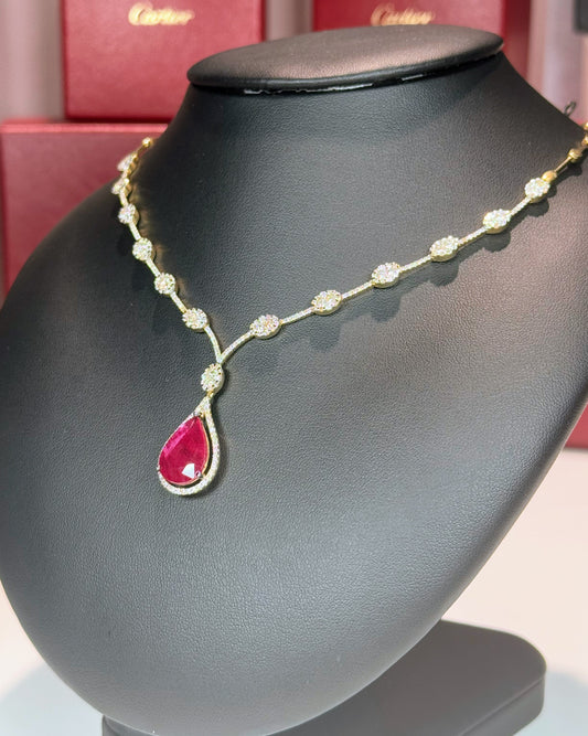 14k Yellow Gold Pear Shape Ruby Drop Diamond Necklace