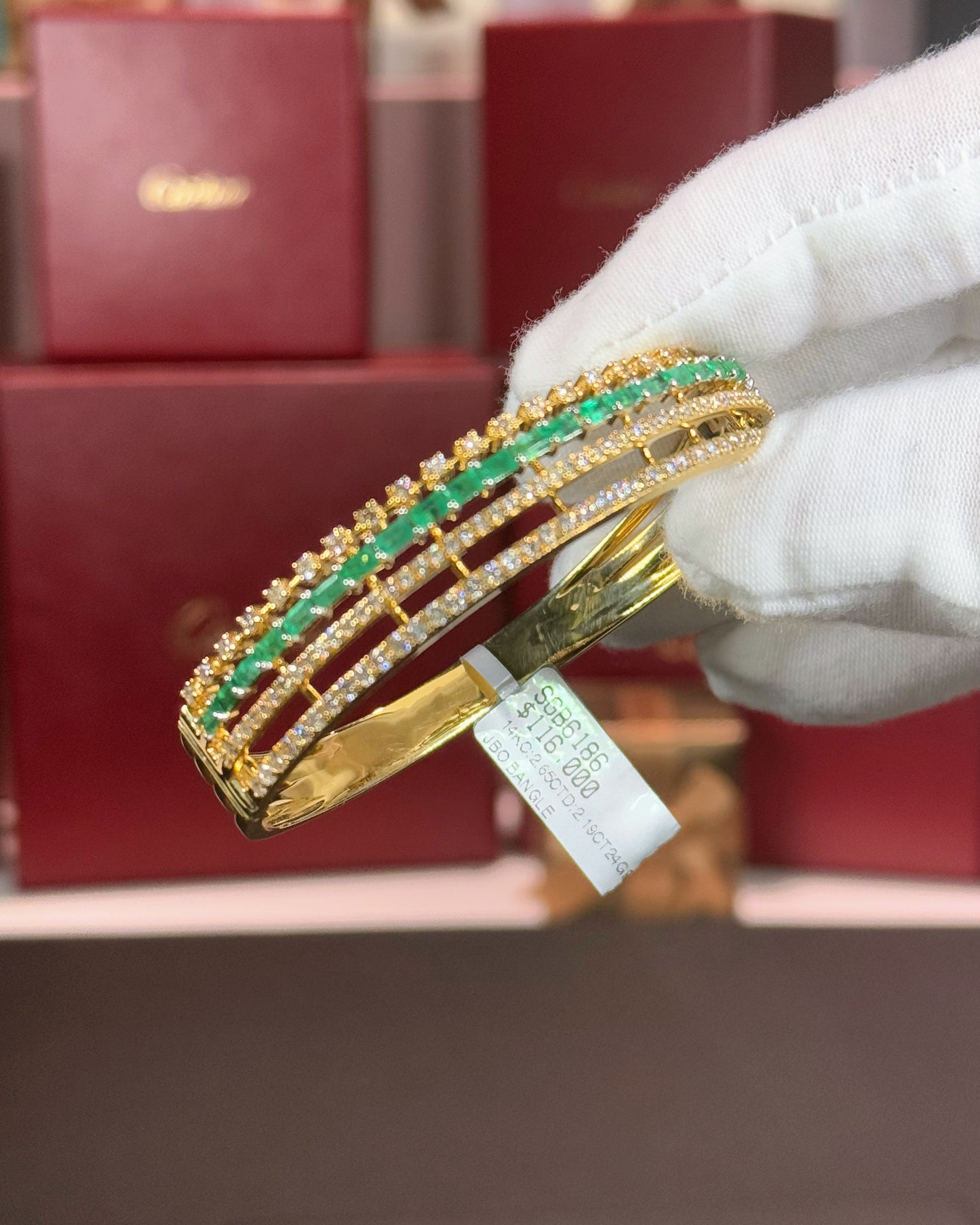 14k Yellow Gold Emerald and Diamond Layered Bangle