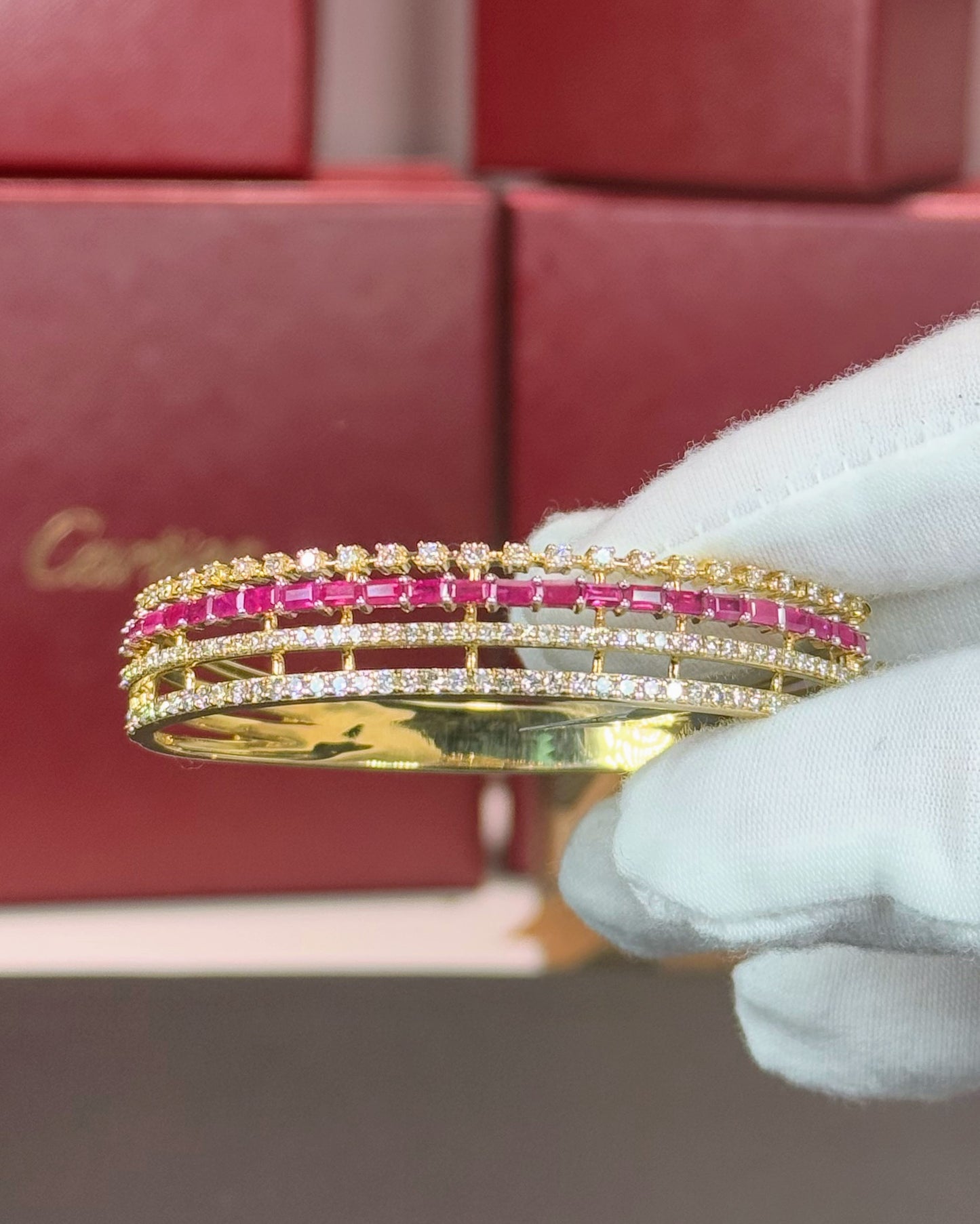 14k Yellow Gold Ruby and Diamond Layered Bangle