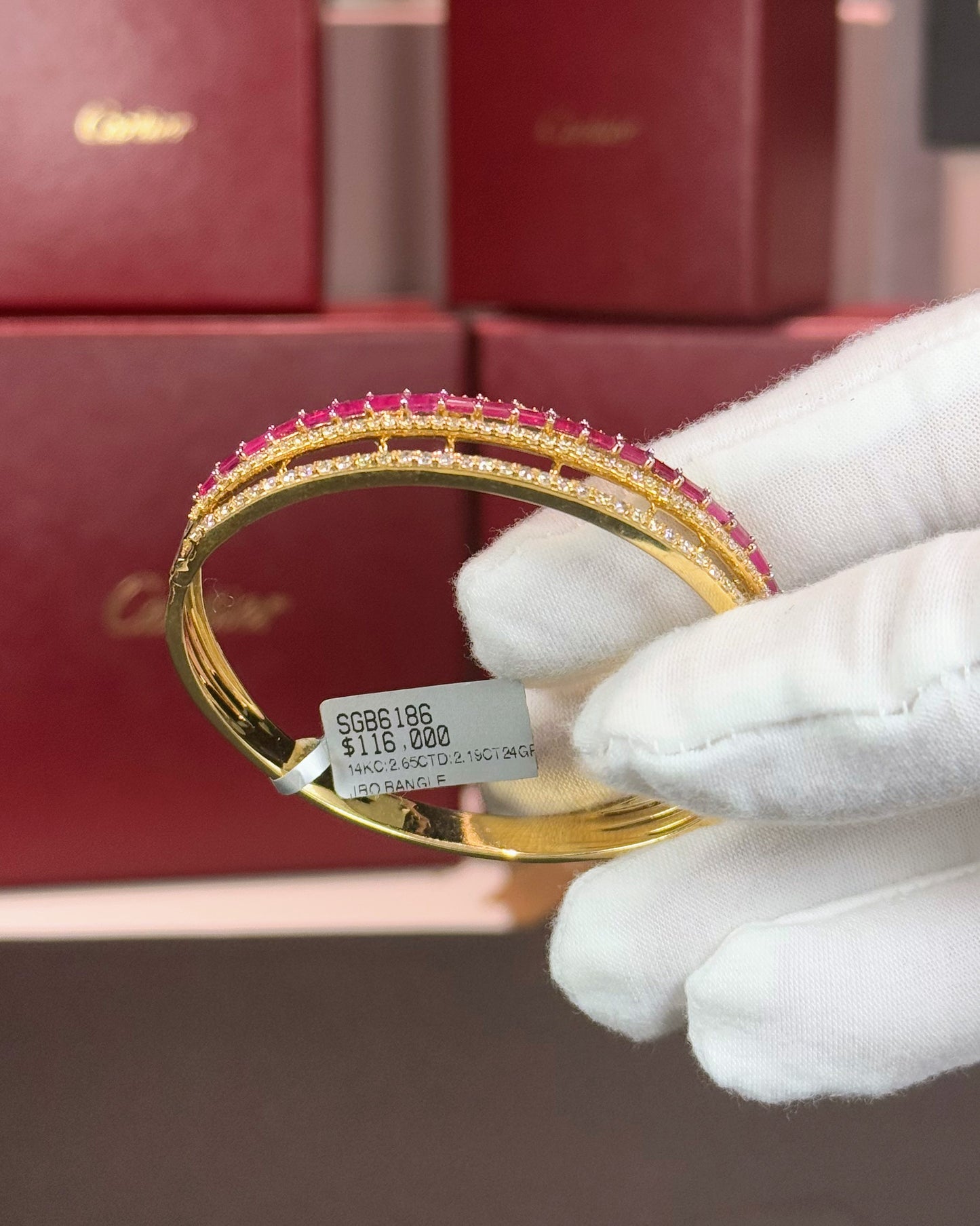 14k Yellow Gold Ruby and Diamond Layered Bangle