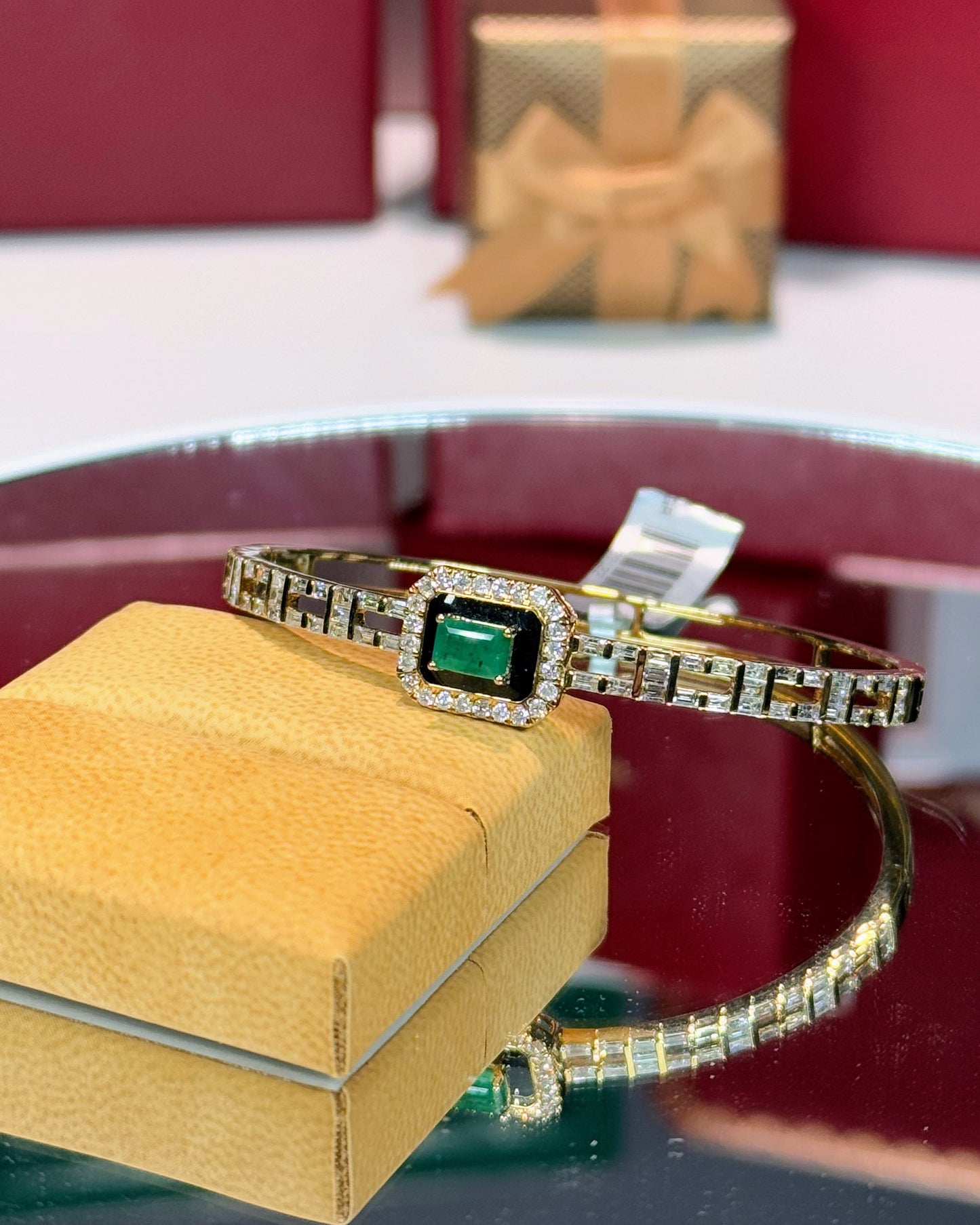 14k Yellow Gold Emerald and Diamond Enermal Bangle