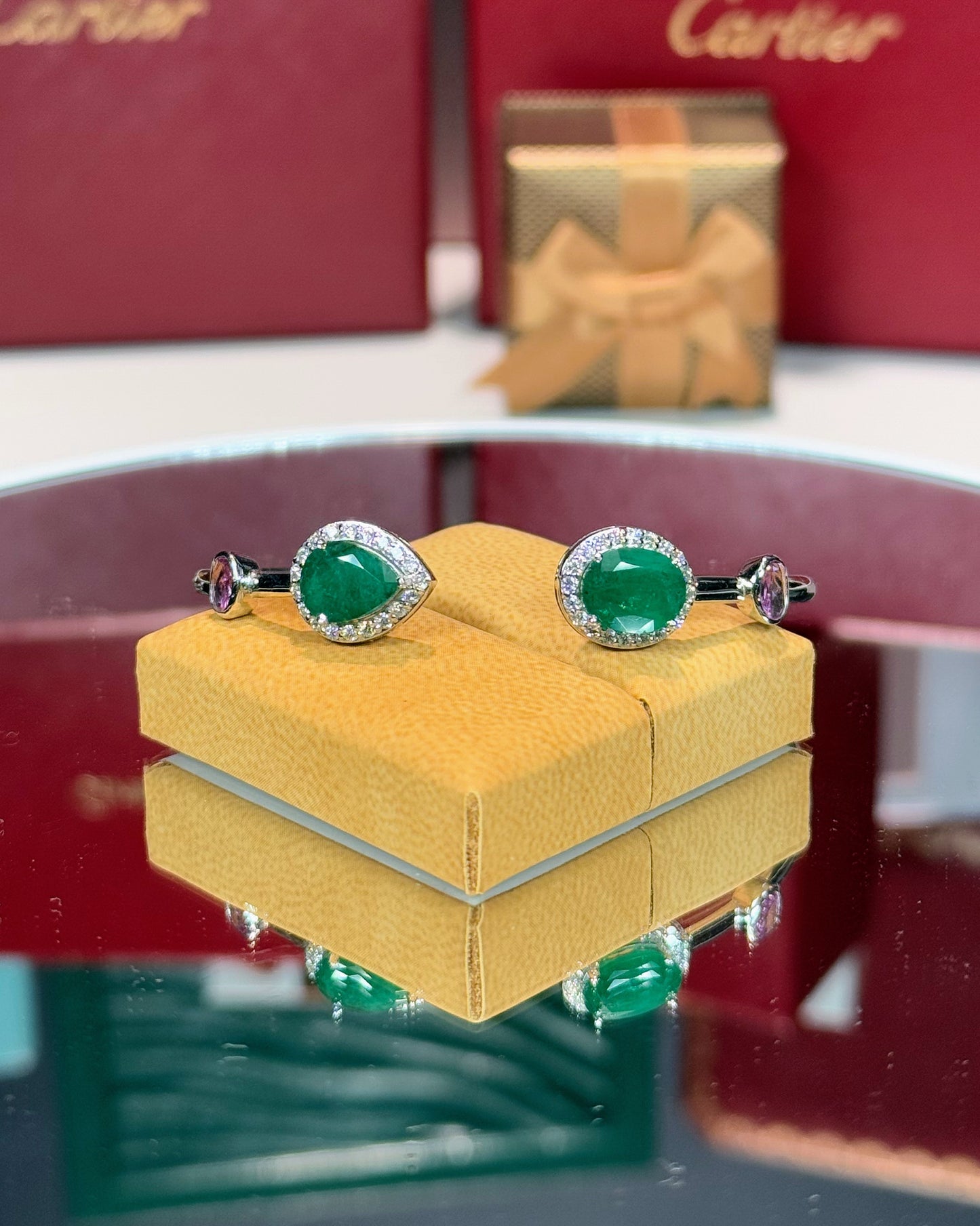 14k White Gold Emerald Halo Open Cuff Bangle