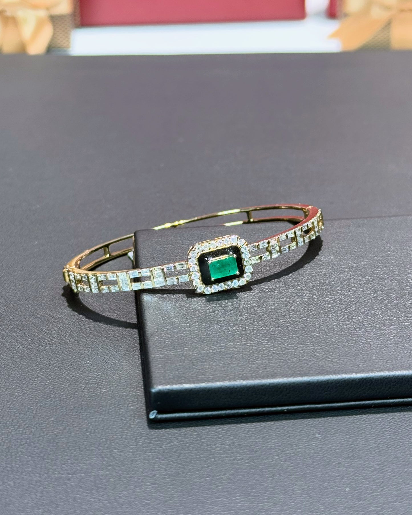 14k Yellow Gold Emerald and Diamond Enermal Bangle
