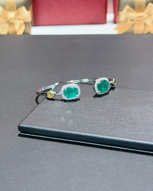 14k White Gold Emerald Halo Open Cuff Bangle