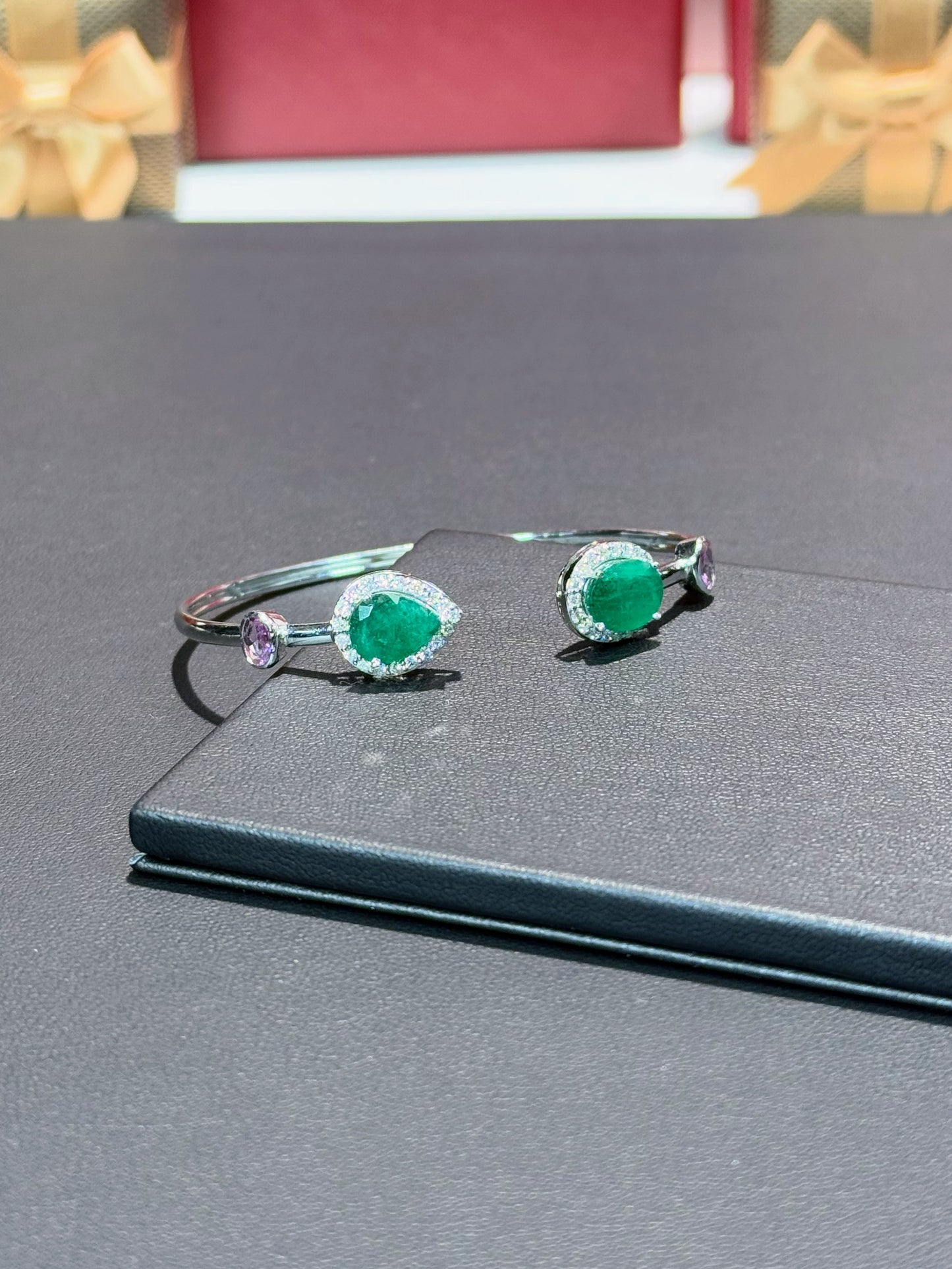 14k White Gold Emerald Halo Open Cuff Bangle
