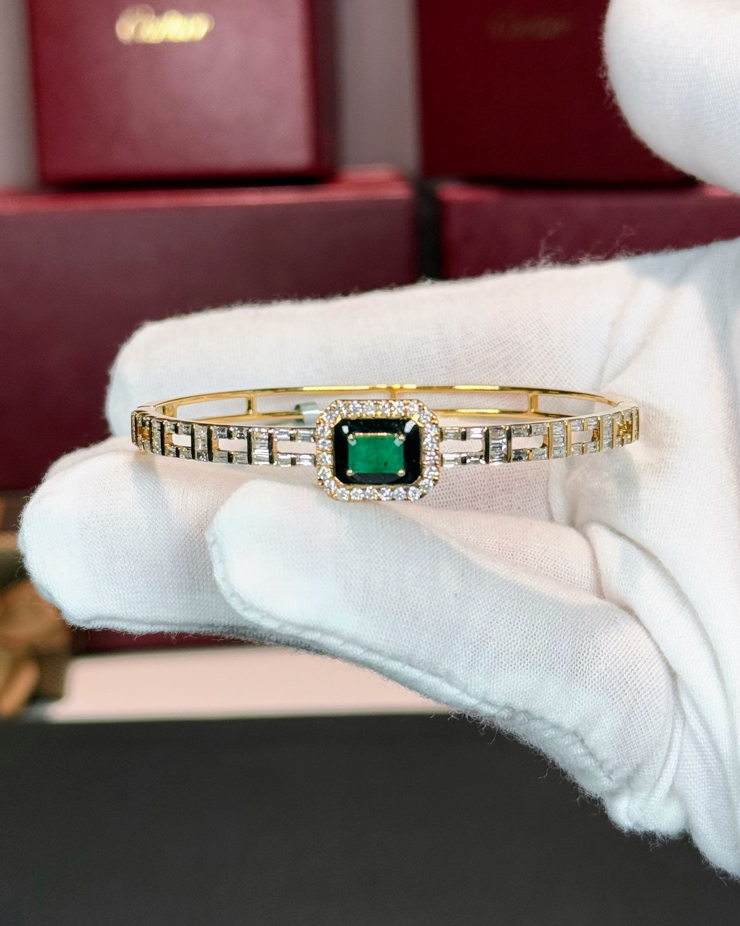 14k Yellow Gold Emerald and Diamond Enermal Bangle