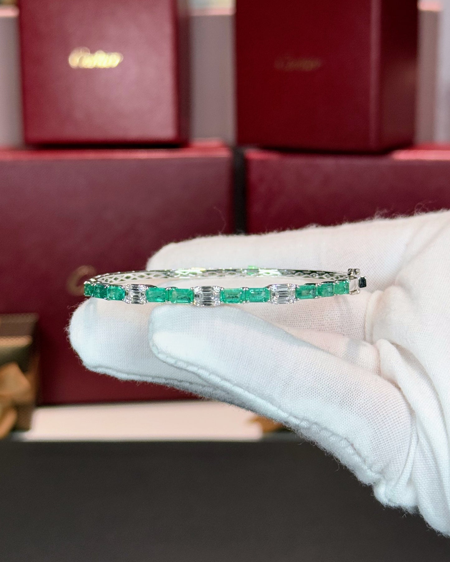 18k White Gold Emerald and Diamond Bangle