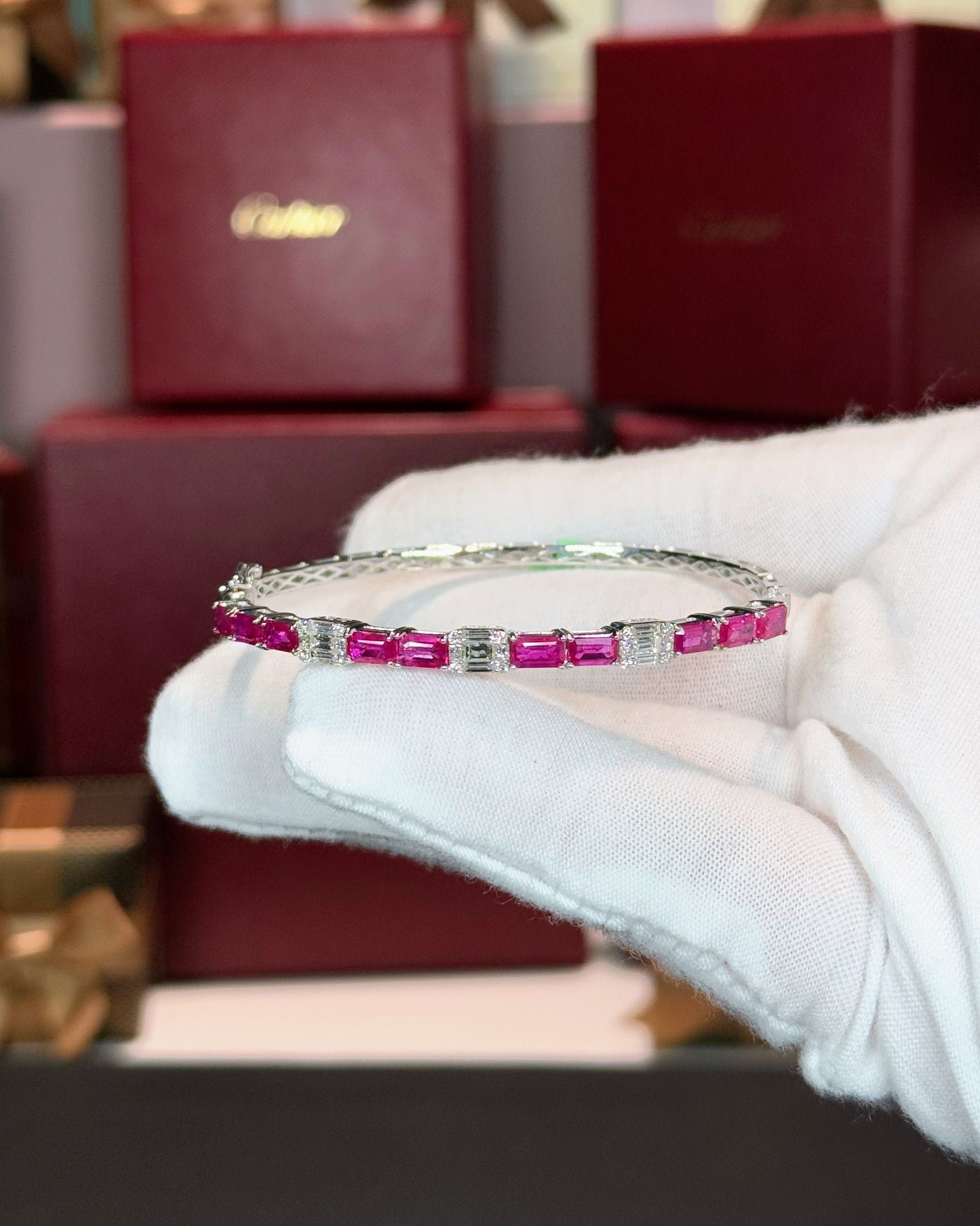 18k White Gold Ruby and Diamond Bangle