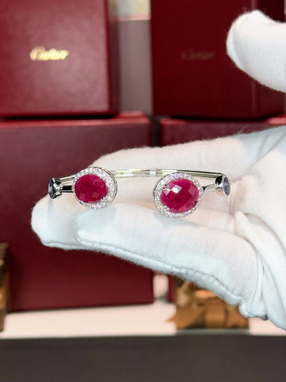 14k White Gold Ruby Halo Open Cuff Bangle