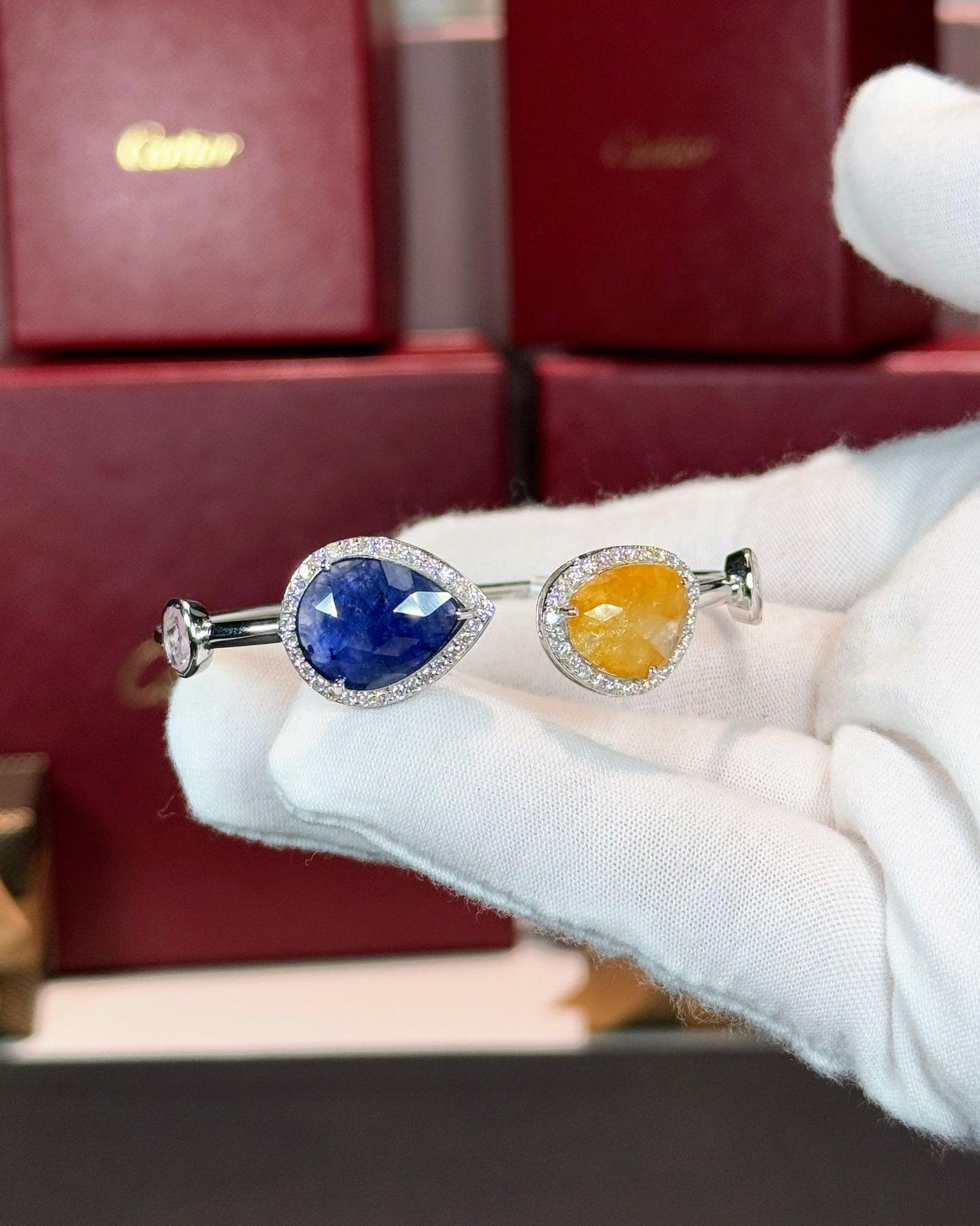 14k White Gold Sapphire Halo Open Cuff Bangle