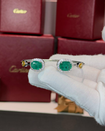 14k White Gold Emerald Halo Open Cuff Bangle