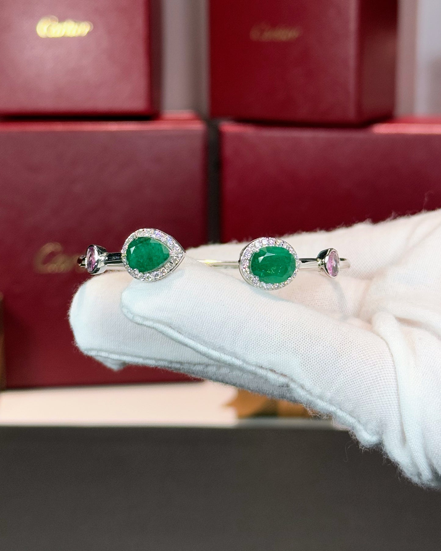 14k White Gold Emerald Halo Open Cuff Bangle
