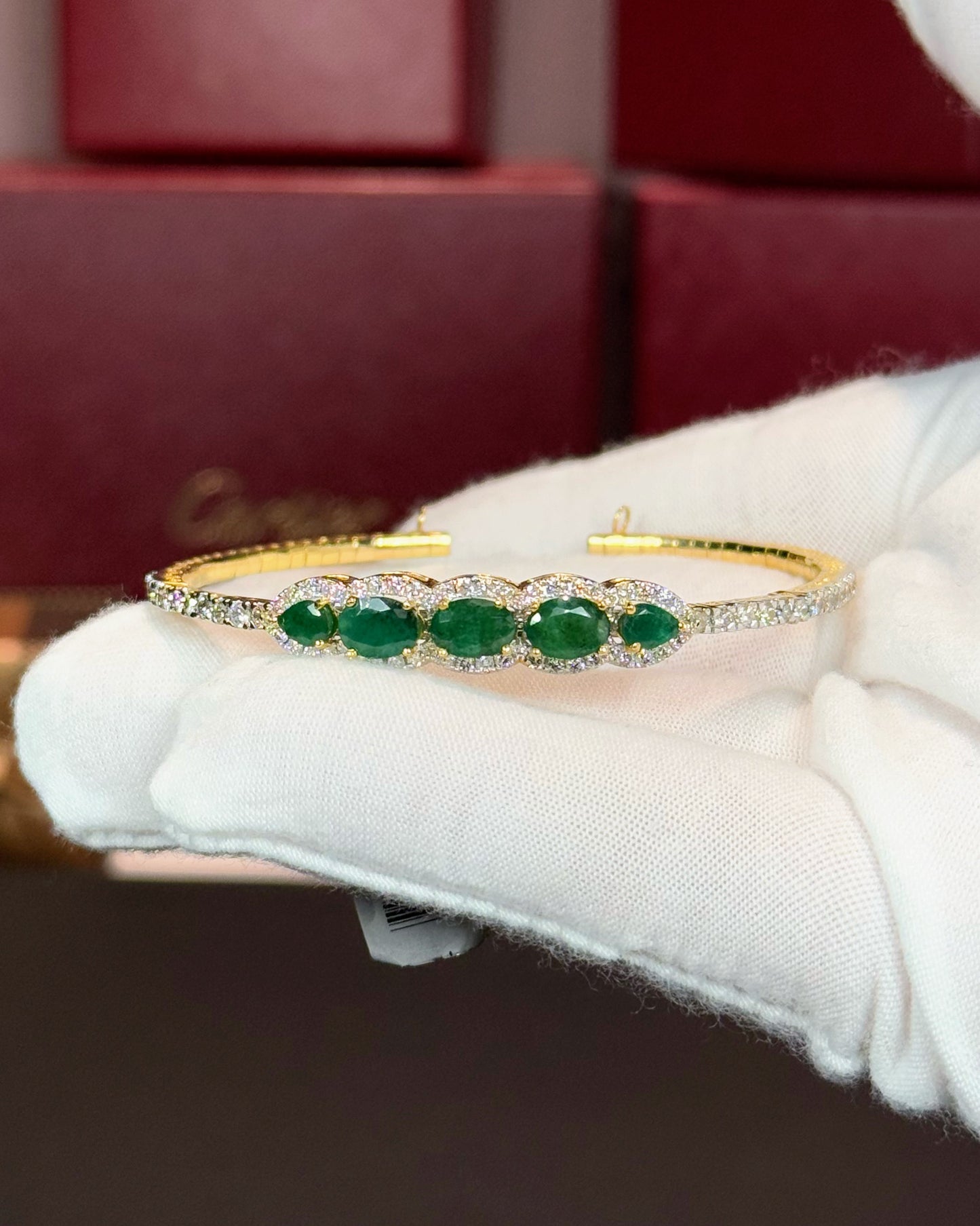 14k Yellow Gold Emerald and Diamond Open Bangle