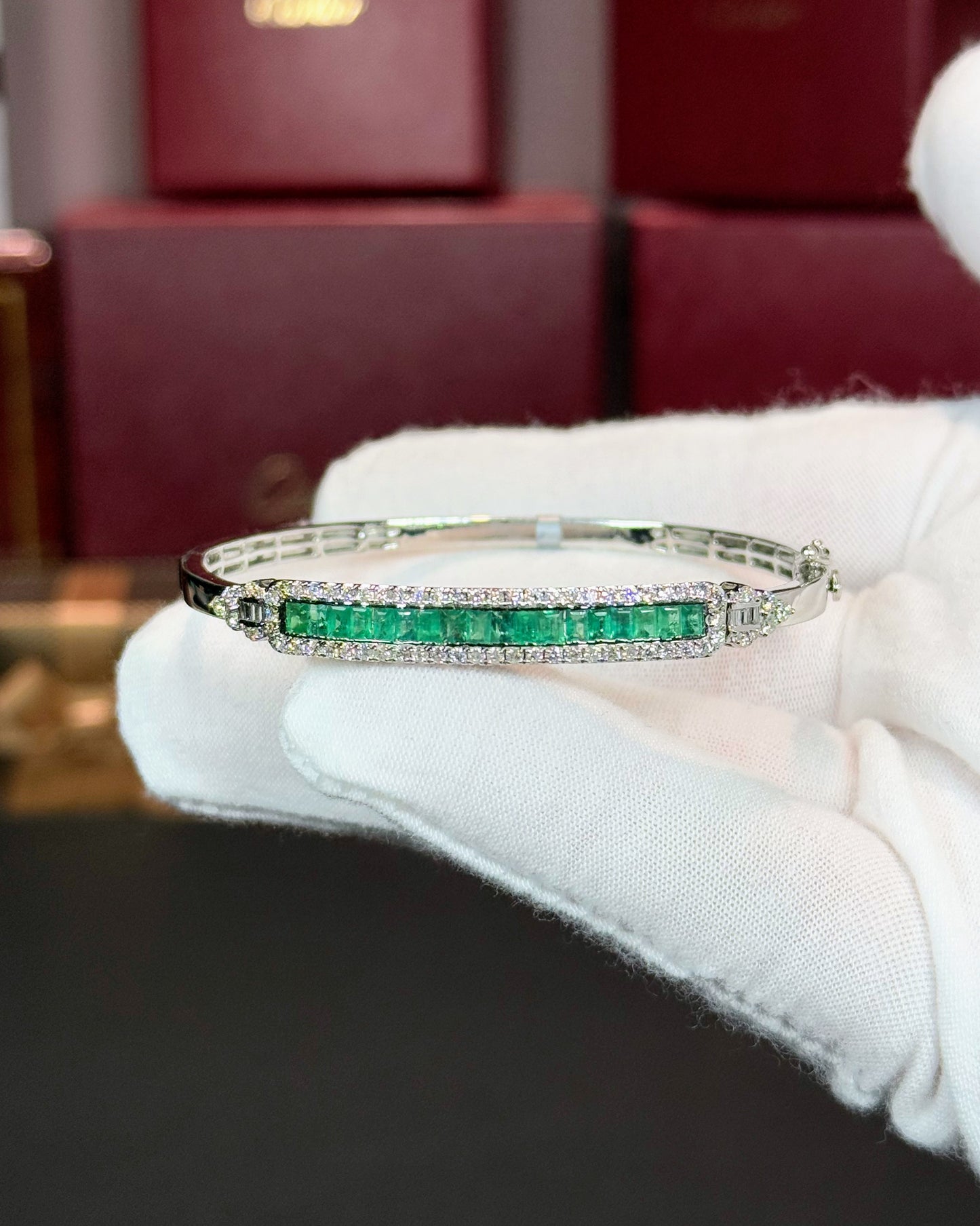 14k White Gold Emerald and Diamond Bangle