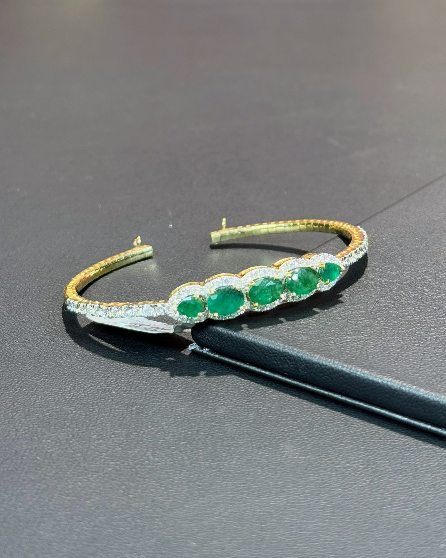 14k Yellow Gold Emerald and Diamond Open Bangle