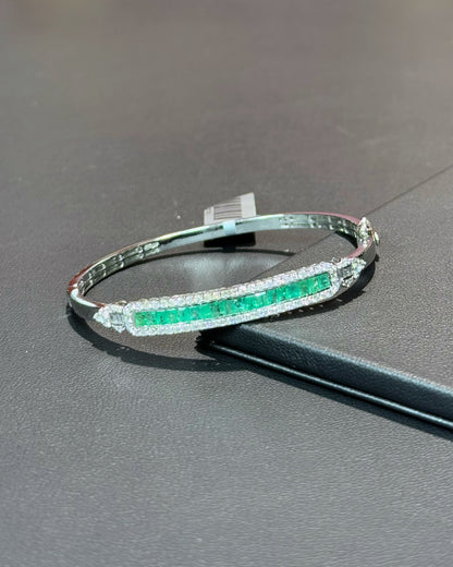 14k White Gold Emerald and Diamond Bangle