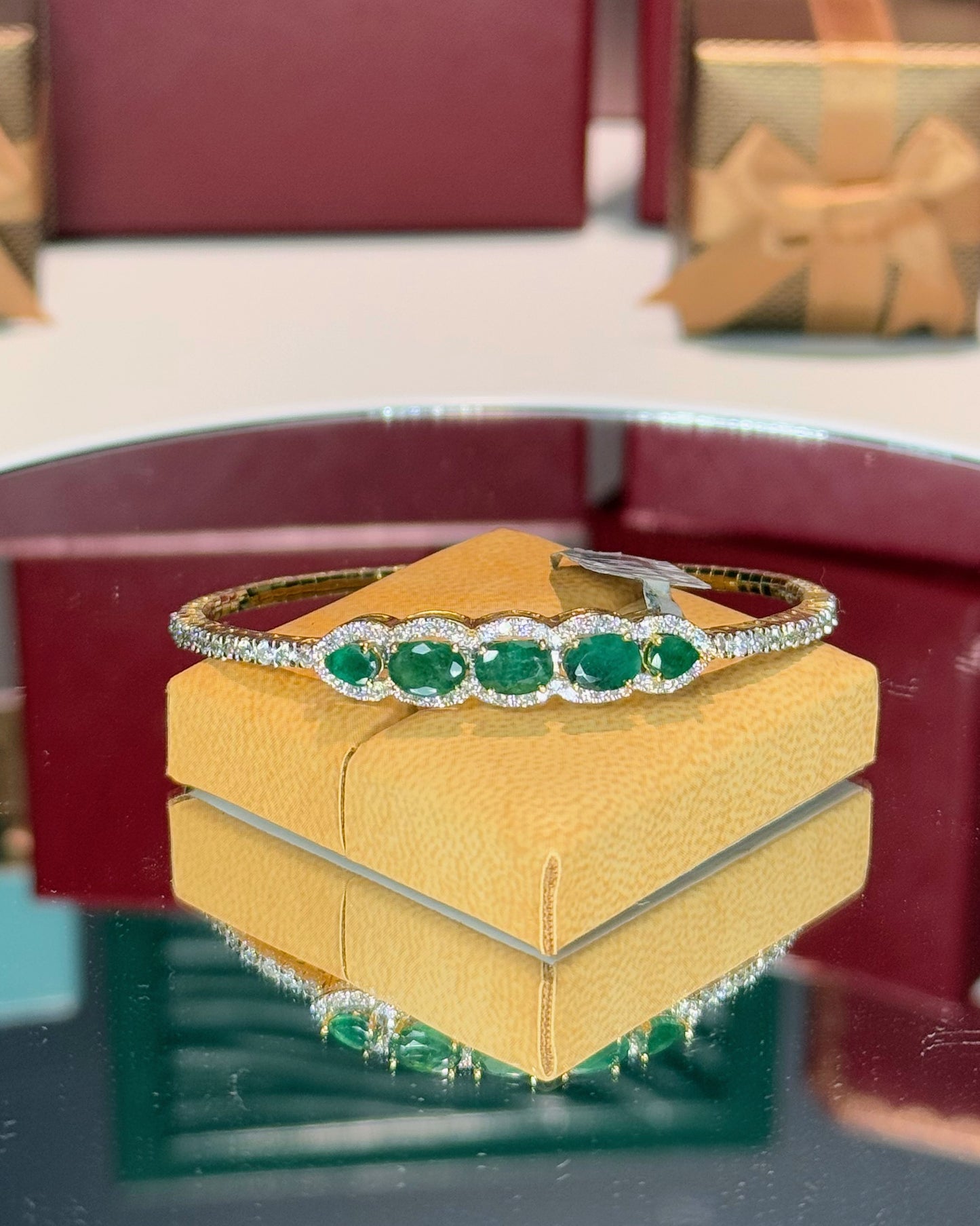 14k Yellow Gold Emerald and Diamond Open Bangle