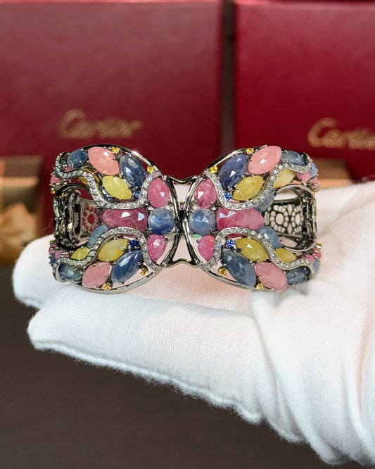 Assorted Color Sapphire Butterfly Design 18k White Gold Bangle