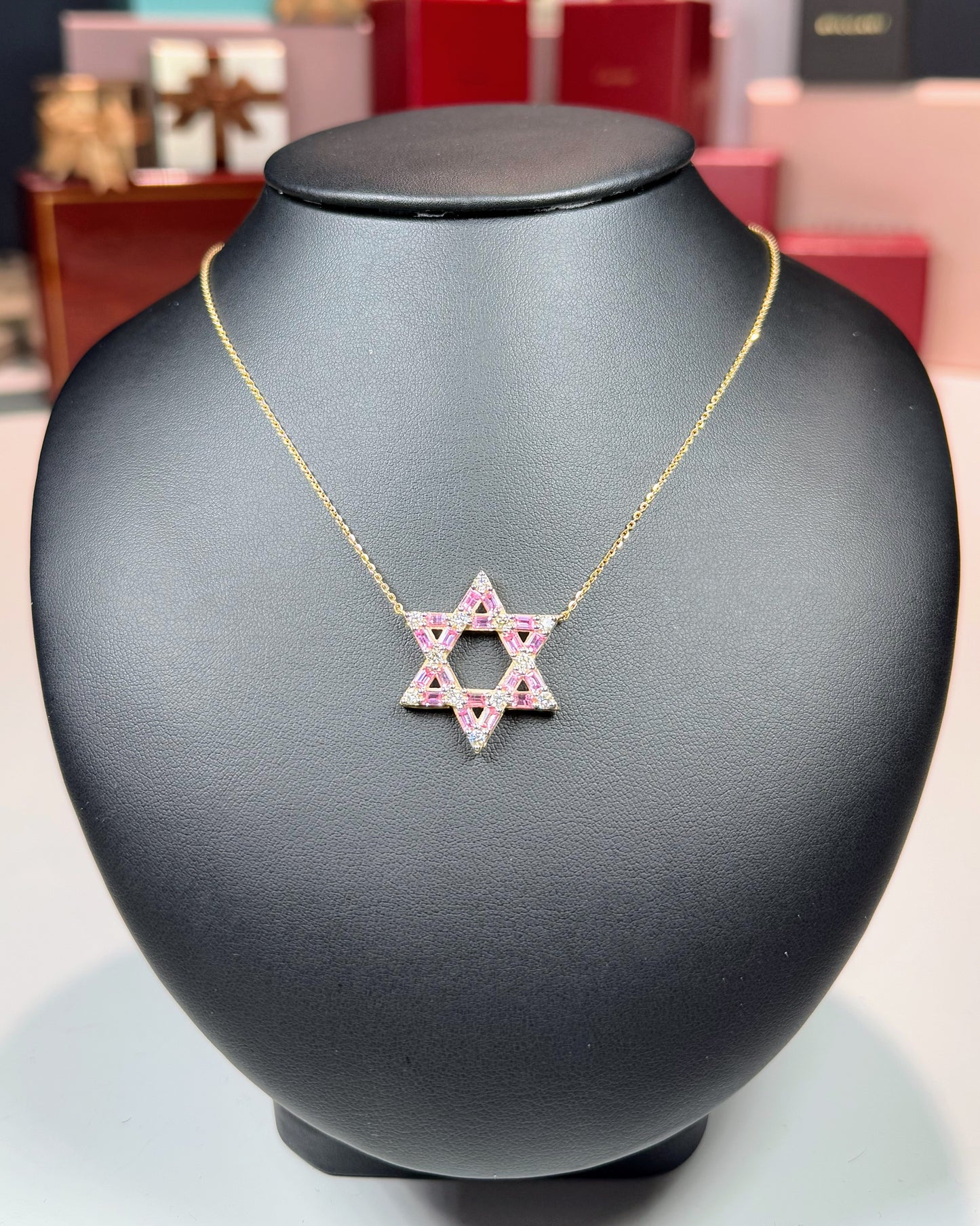 14k Yellow Gold Pink Star of David Pendant Necklace