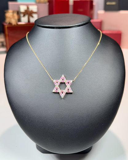14k Yellow Gold Pink Star of David Pendant Necklace