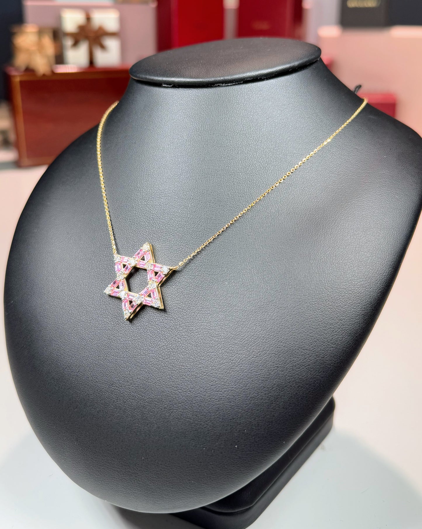 14k Yellow Gold Pink Star of David Pendant Necklace