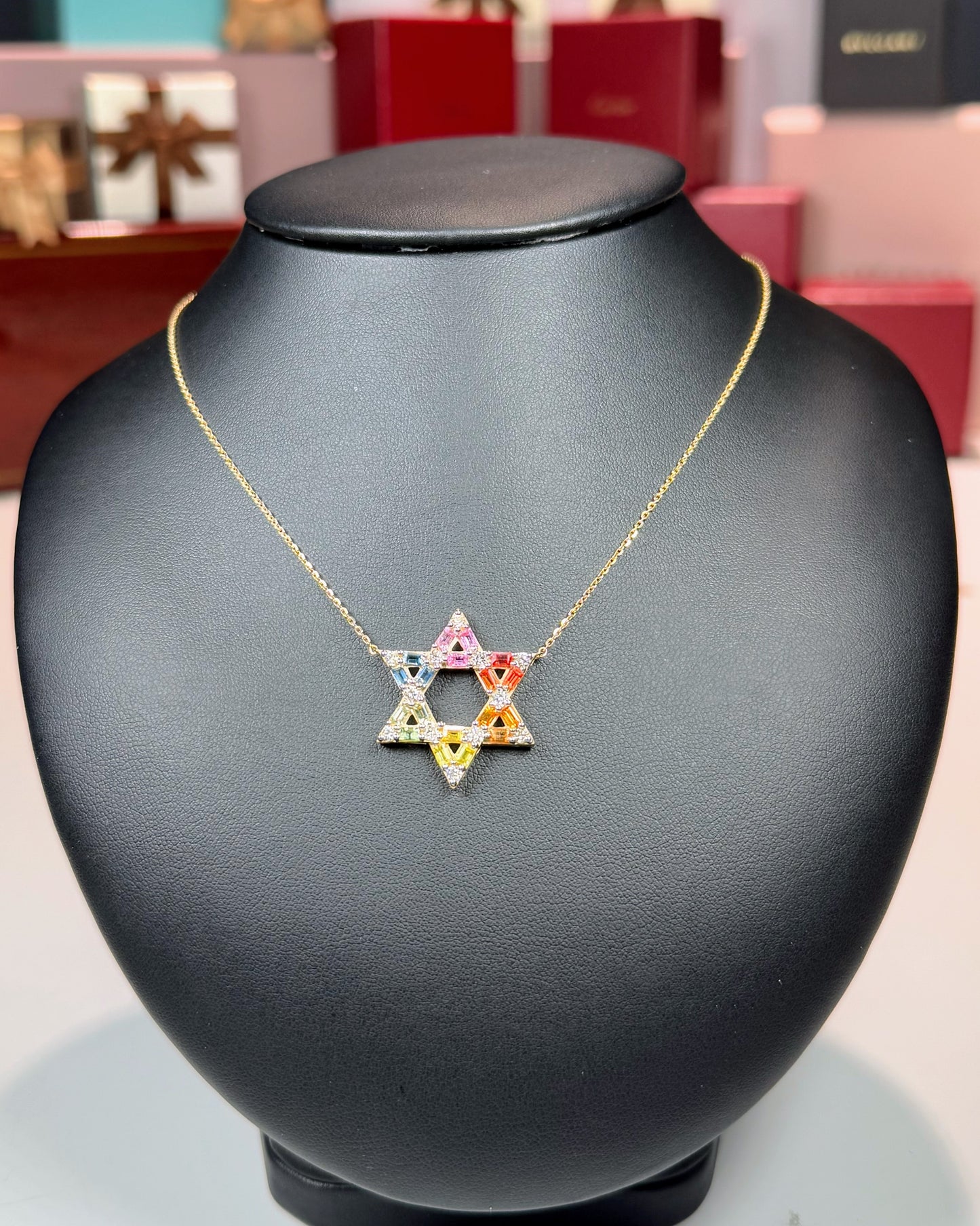 14k Yellow Gold Rainbow Star of David Pendant Necklace
