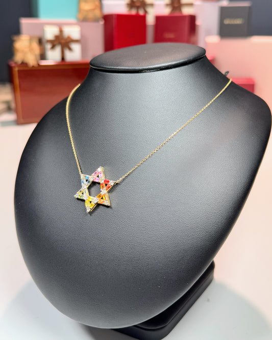 14k Yellow Gold Rainbow Star of David Pendant Necklace