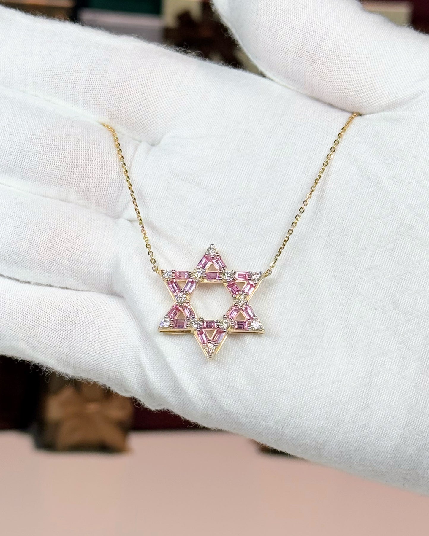 14k Yellow Gold Pink Star of David Pendant Necklace