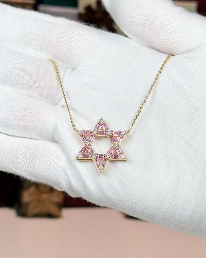 14k Yellow Gold Pink Star of David Pendant Necklace
