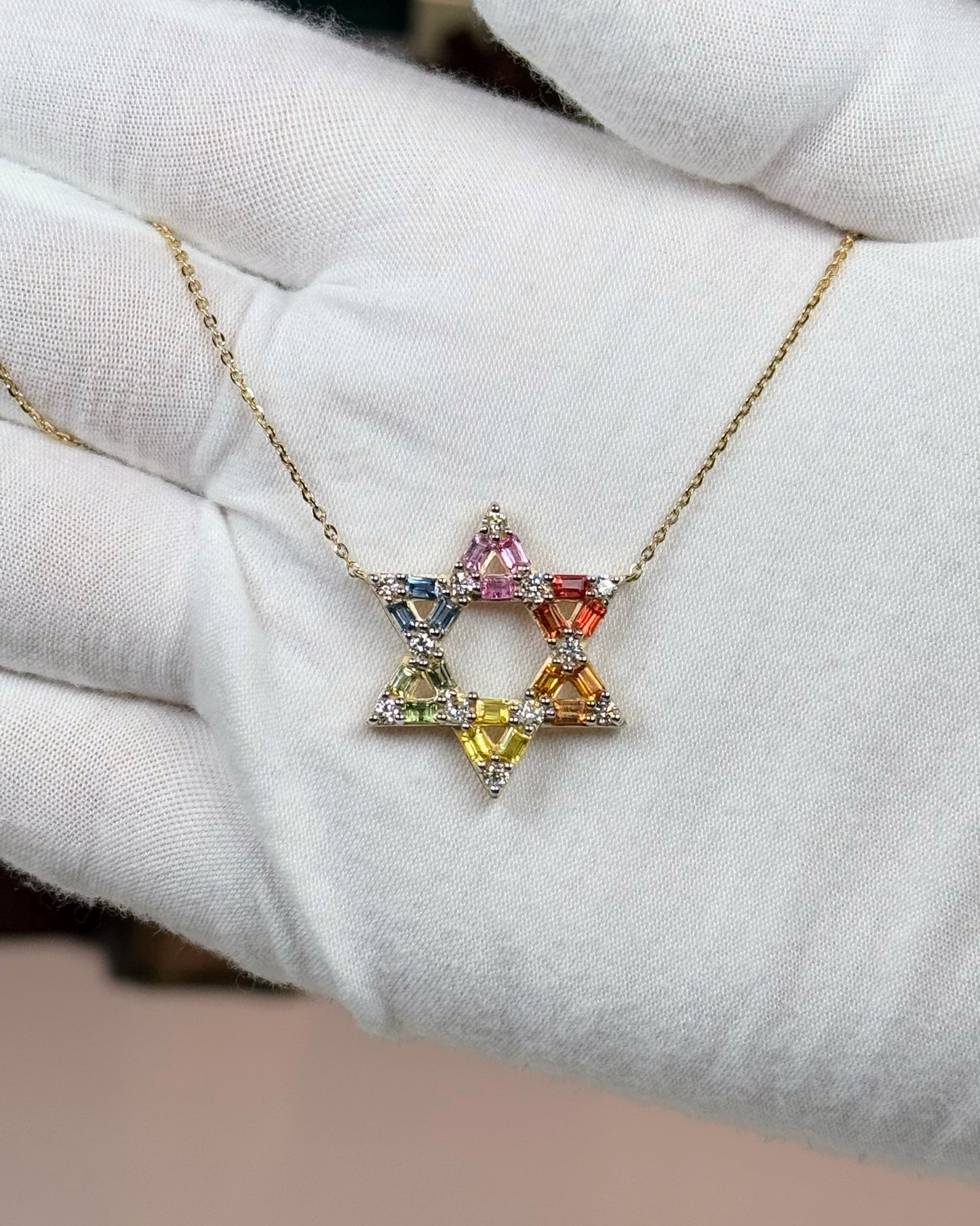 14k Yellow Gold Rainbow Star of David Pendant Necklace
