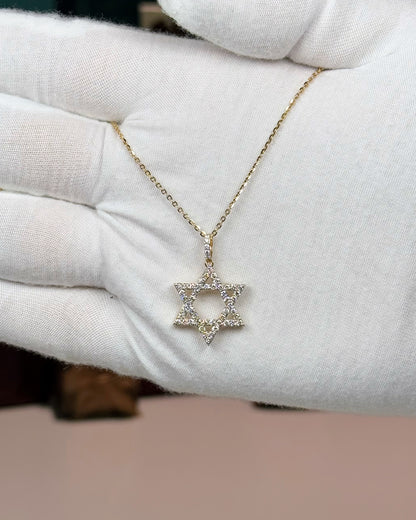 14k Yellow Gold Star of David Diamond Pendant Necklace