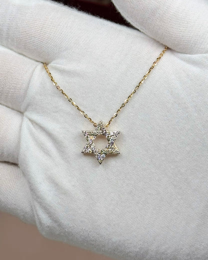 14k Yellow Gold Star of David Diamond Pendant Necklace