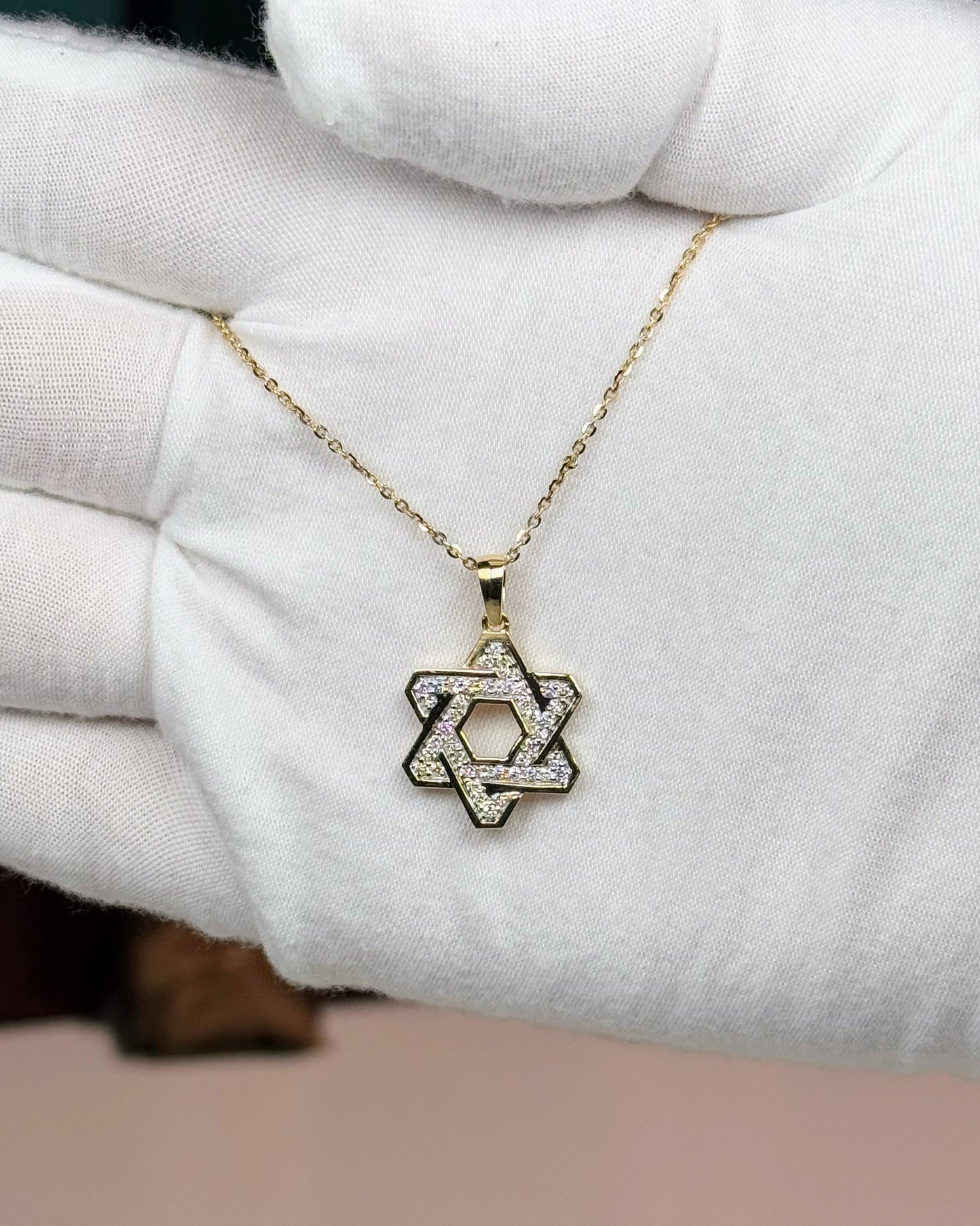 14k Yellow Gold Star of David Diamond Pendant Necklace