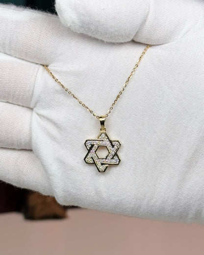 14k Yellow Gold Star of David Diamond Pendant Necklace