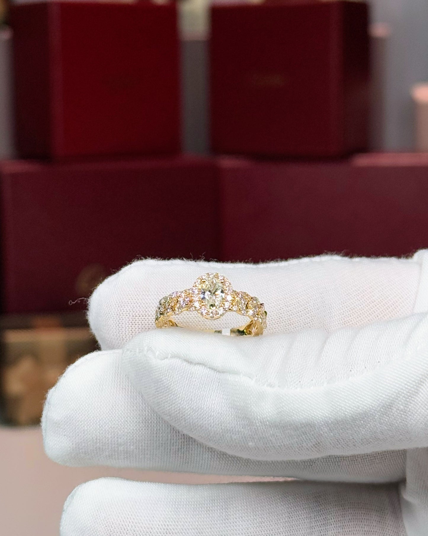 14k Yellow Gold Oval Diamond Halo Link Shank RIng