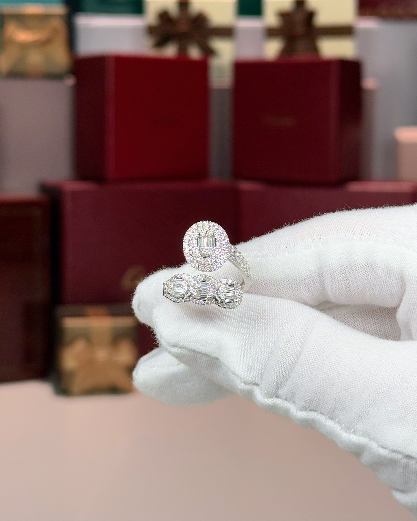 14k White Gold Diamond Cluster Bypass Ring